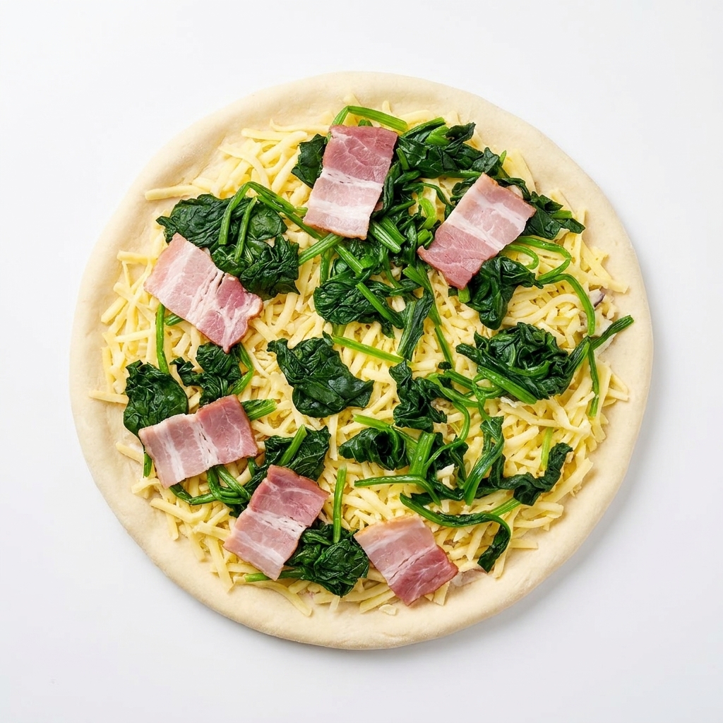 Widok z góry na surową pizzę z białym sosem, mozzarellą, szpinakiem i sześcioma plastrami surowego boczku.