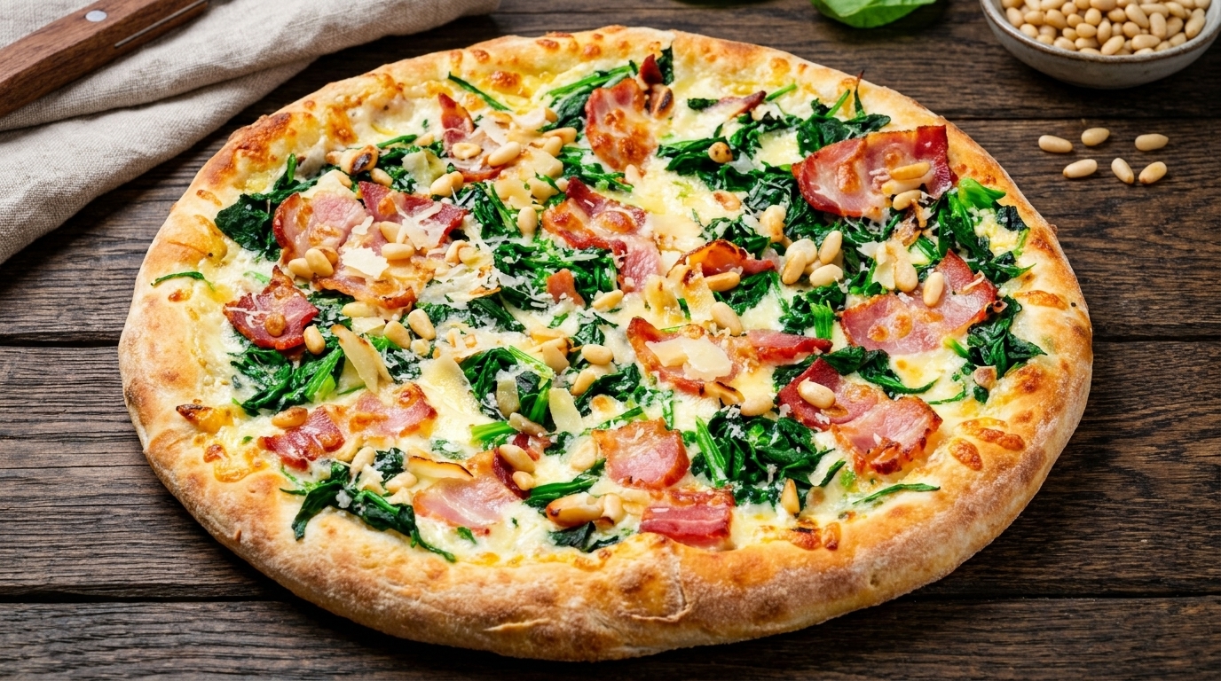 Pizza z kremowym sosem grzybowym, szpinakiem i boczkiem