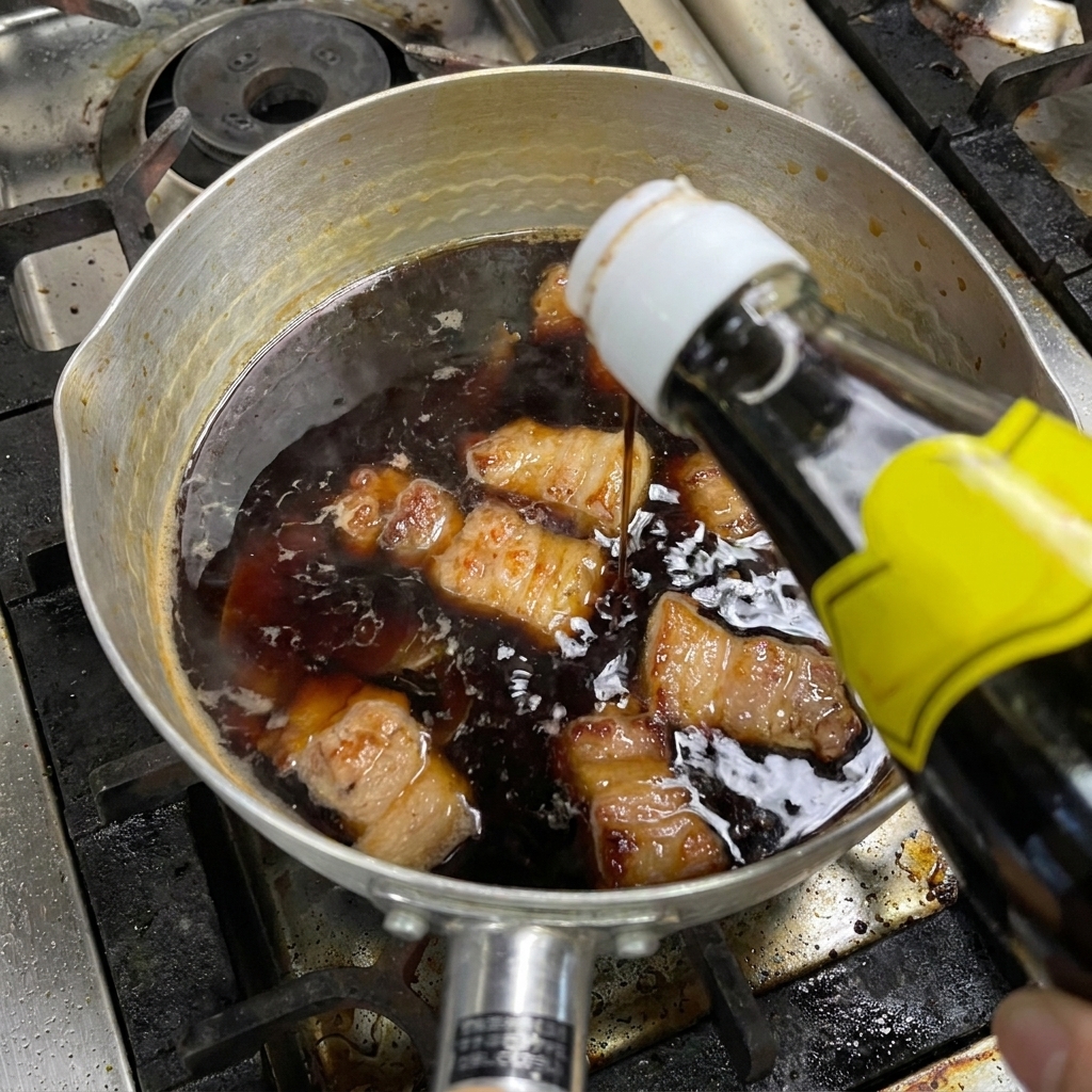 Ciemny płyn wlewany z butelki do garnka z duszonym boczkiem.