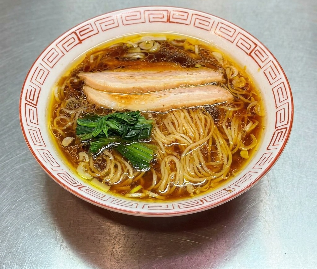 Prawie gotowa miska shoyu ramen uzupełniana o brązowe pędy bambusa i inne dekoracyjne dodatki.