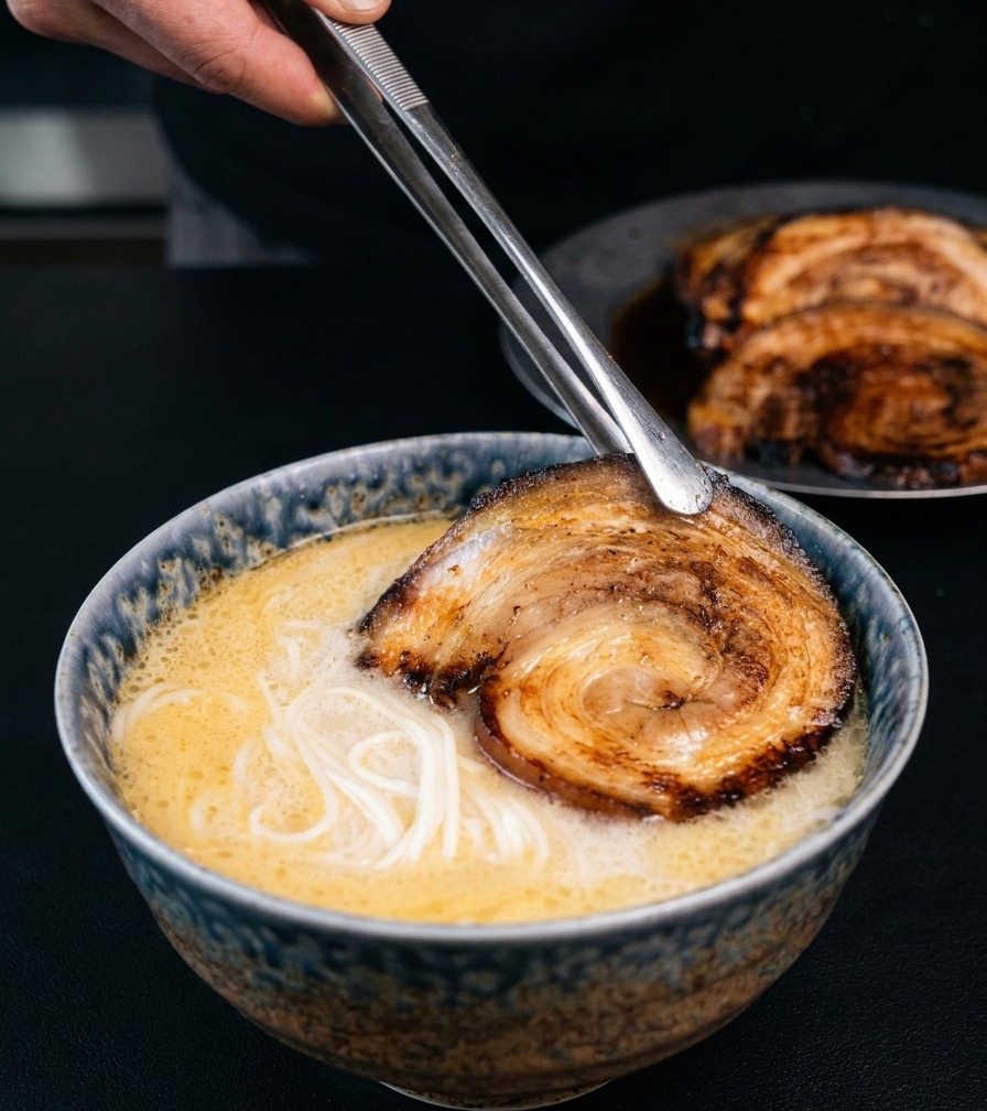 Metalowe szczypce kładące okrągły, skarmelizowany plaster boczku na kremowy ramen.