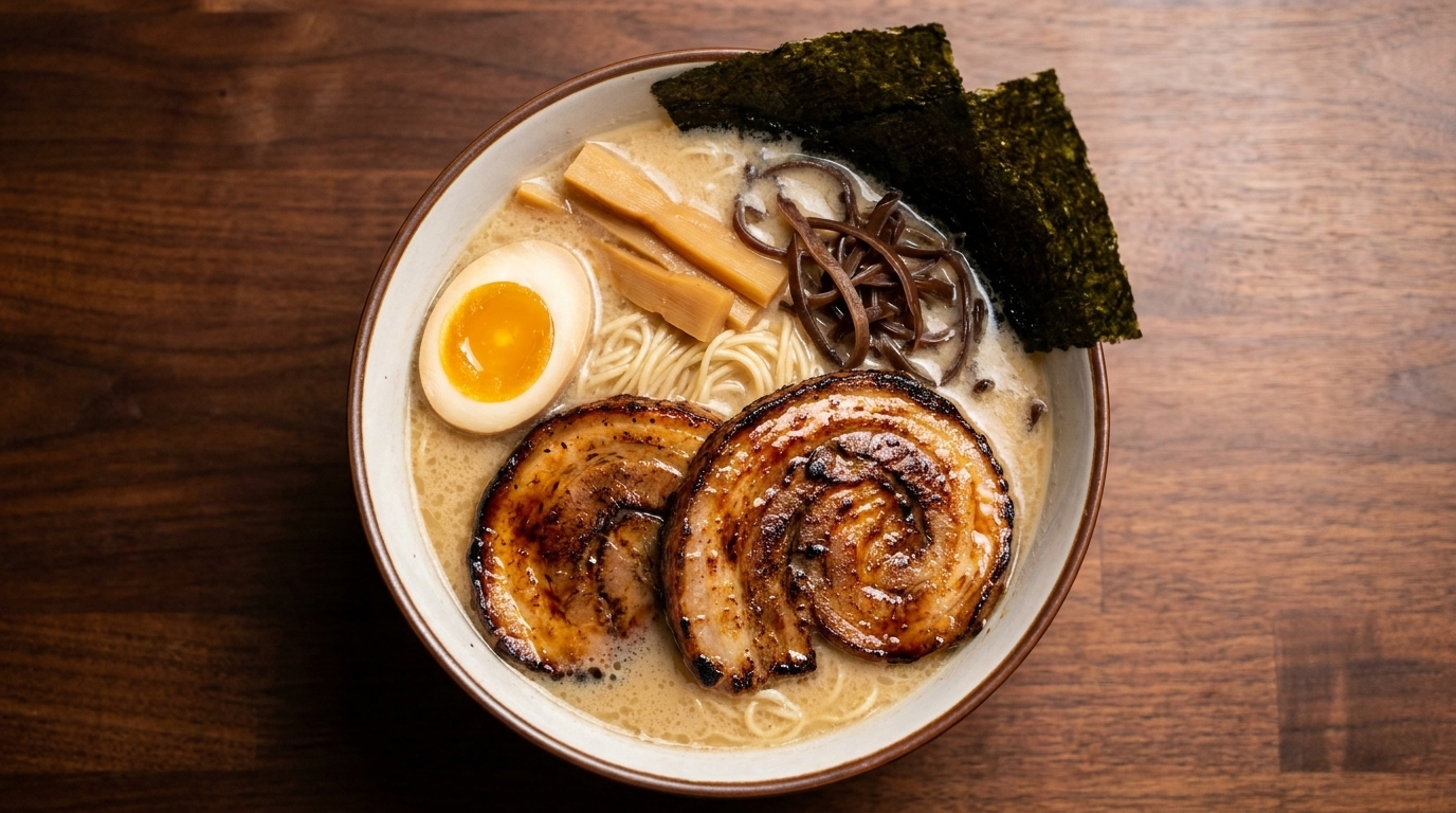 Autentyczny japoński boczek Chashu i ramen Tonkotsu