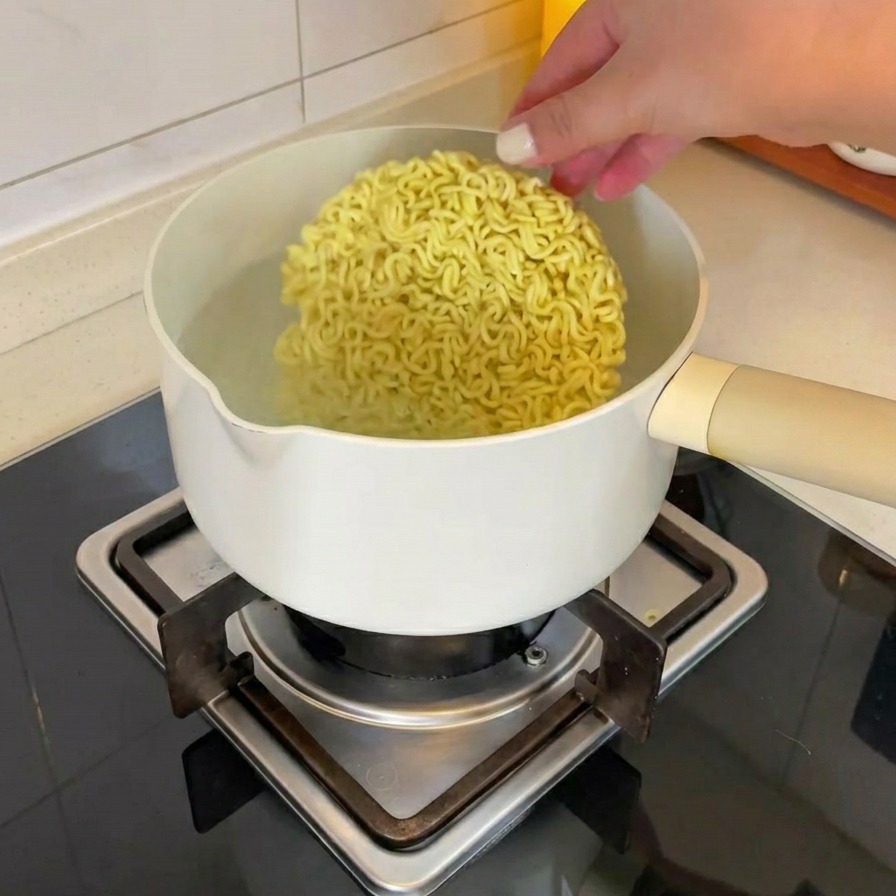 Ręka wkładająca okrągły blok suchego makaronu instant do białego garnka z wrzącą wodą na kuchence.