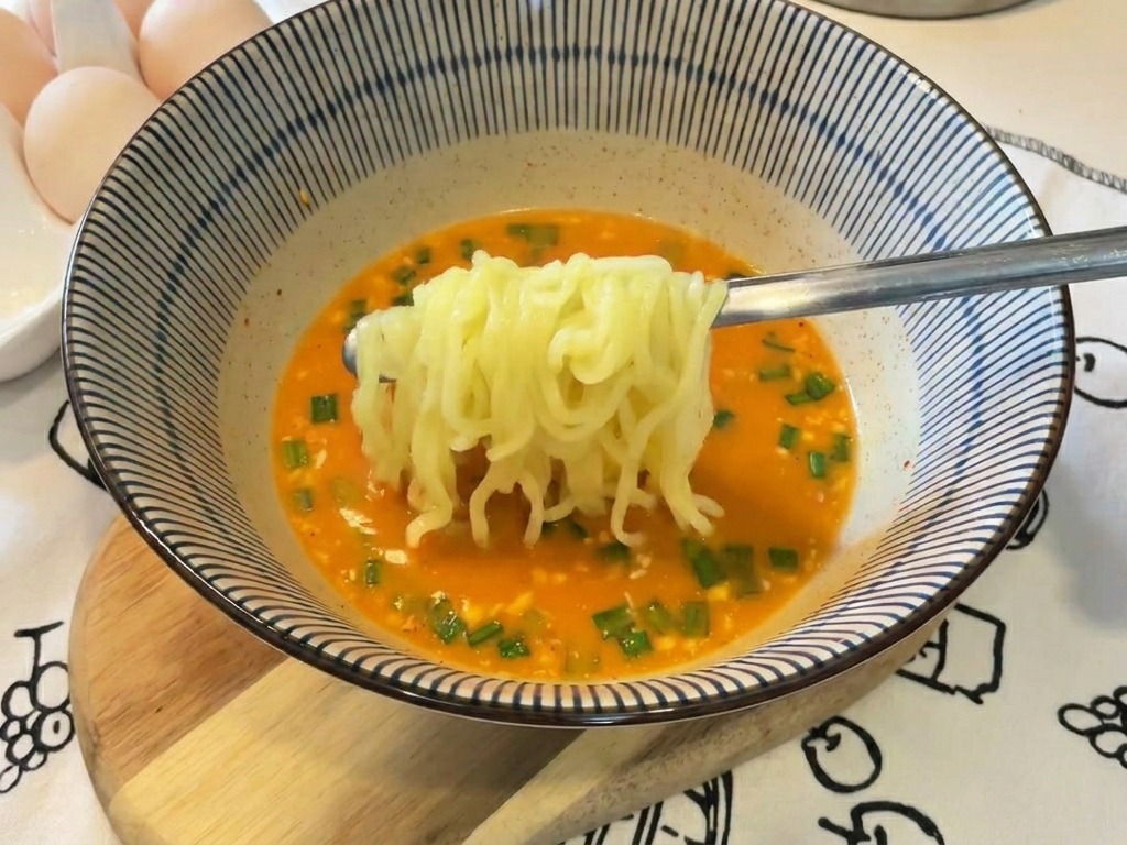 Porcja żółtego, pofalowanego makaronu unoszona na metalowych pałeczkach w misce kremowej, pomarańczowej zupy ramen.