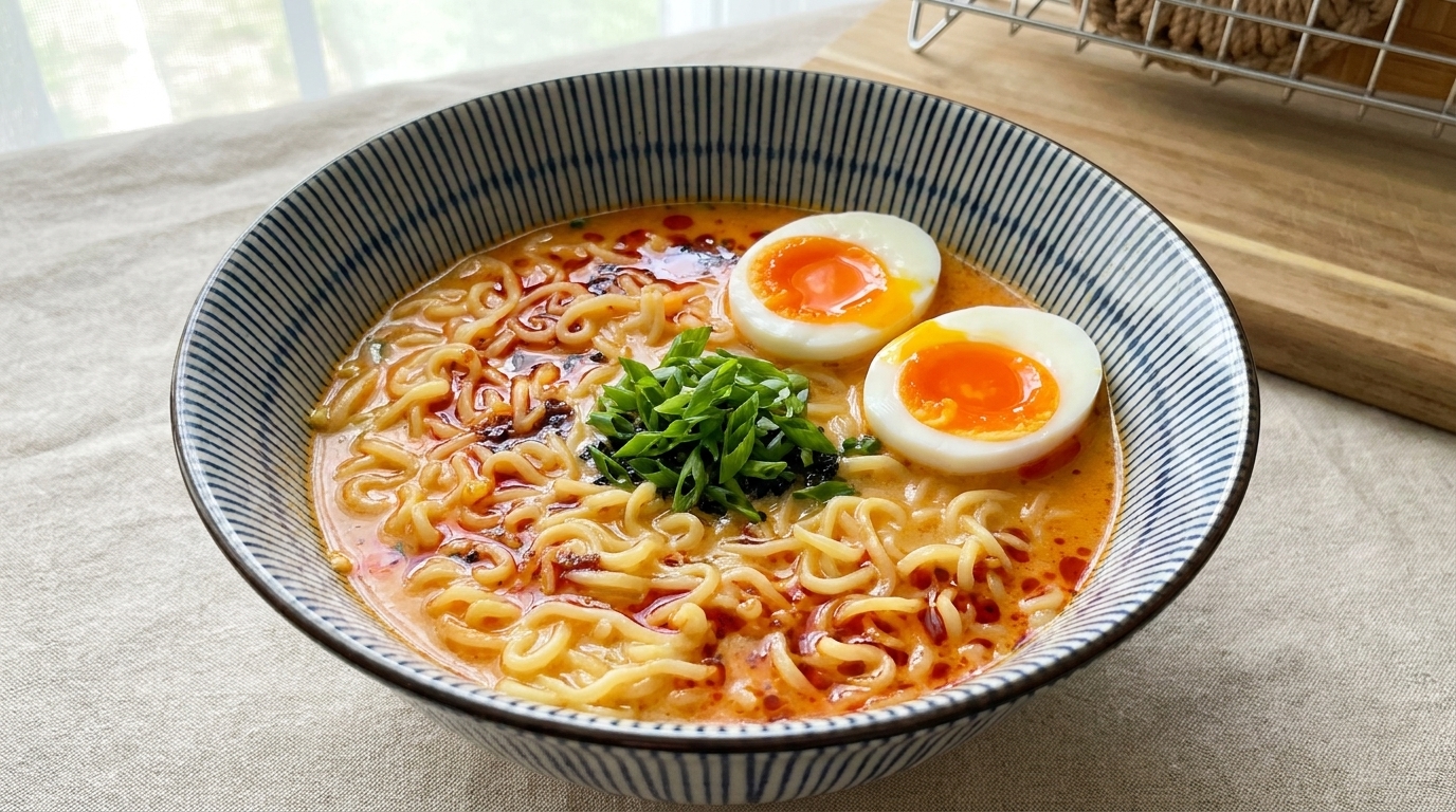Kremowy ramen w stylu tonkotsu z jajkiem na miękko – trik z makaronem instant
