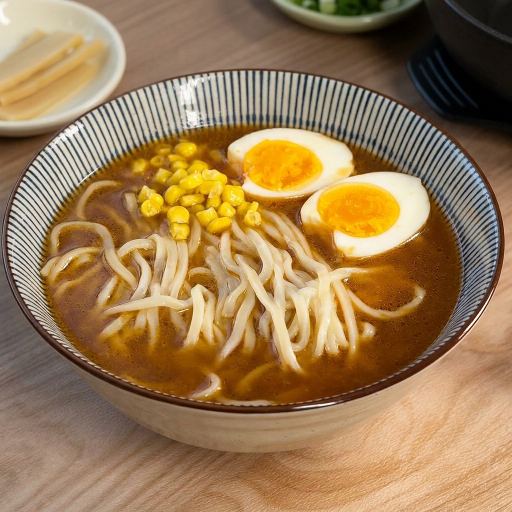 Porcja jaskrawożółtej kukurydzy na wierzchu makaronu ramen obok połówki jajka.