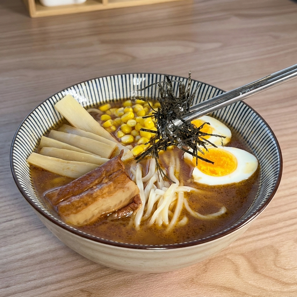 Metalowe pałeczki kładące porcję posiekanych wodorostów nori na niemal gotowy ramen.