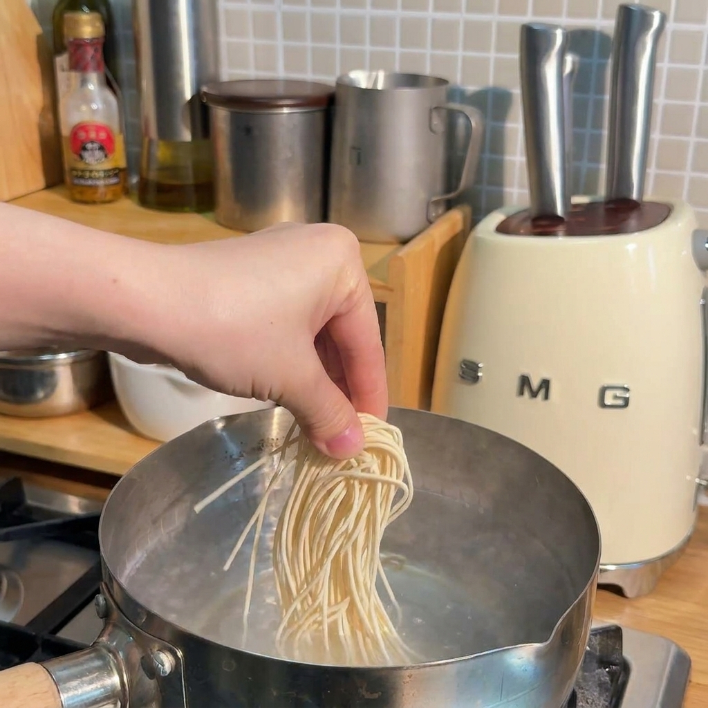 Suchy makaron ramen wrzucany do garnka z wrzącą wodą.