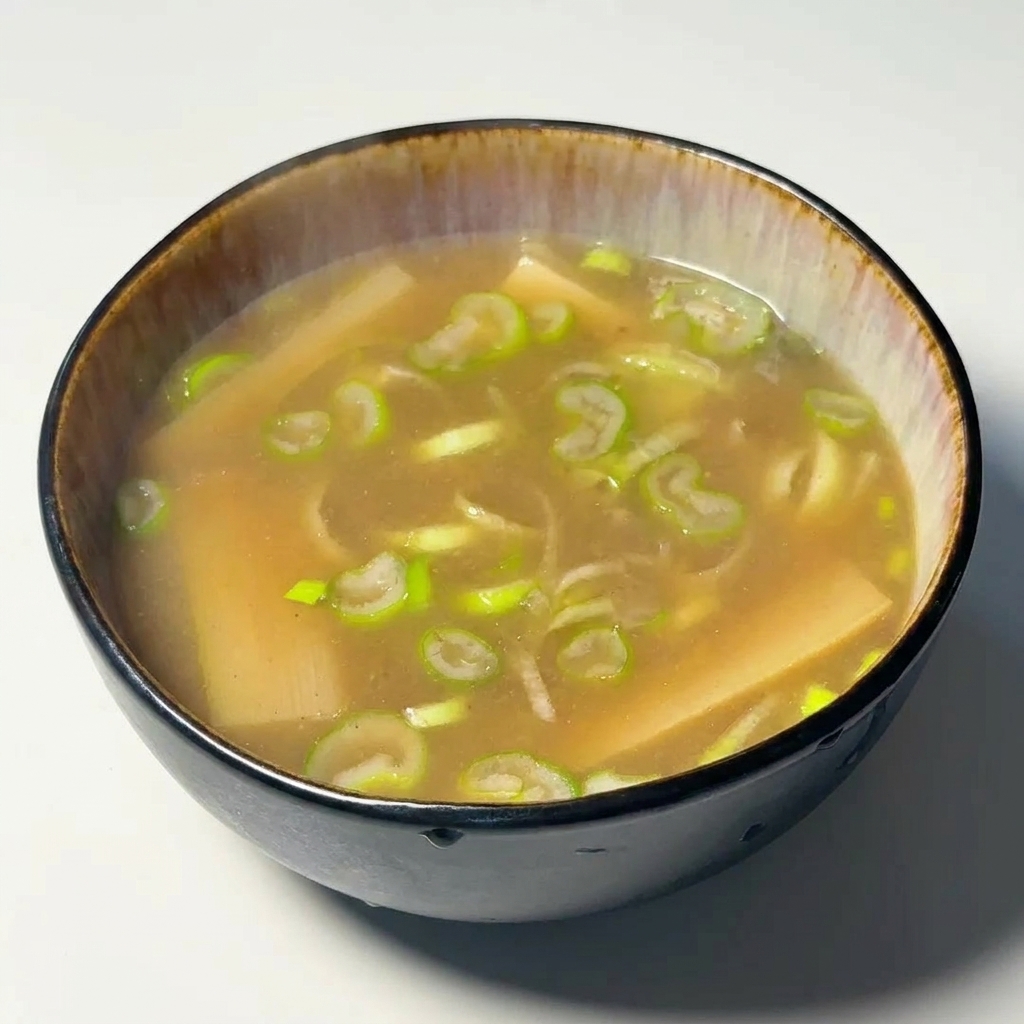 Gotowa miseczka z sosem do tsukemen, z dymką i pędami bambusa pływającymi w bogatym bulionie rybnym.