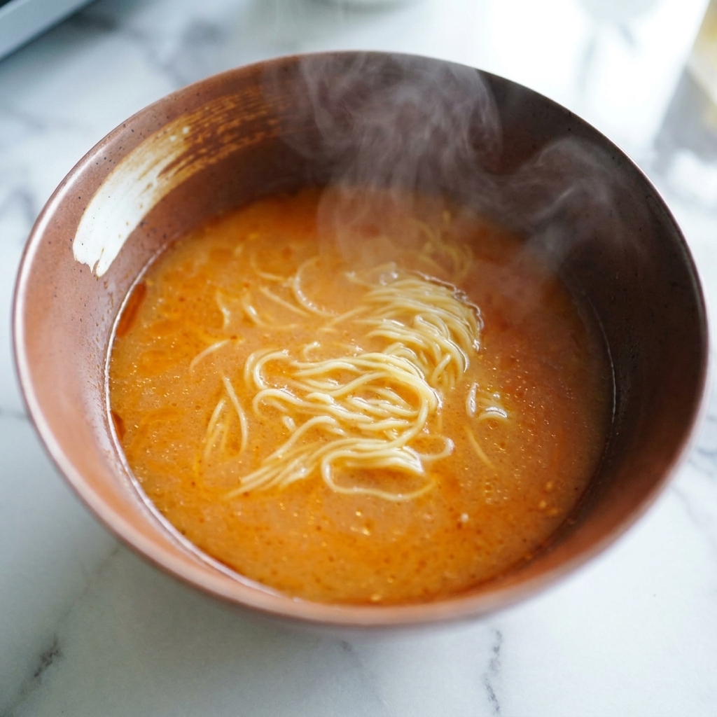 Ugotowany żółty makaron ramen wkładany do miski wypełnionej gorącym, pomarańczowym bulionem miso.