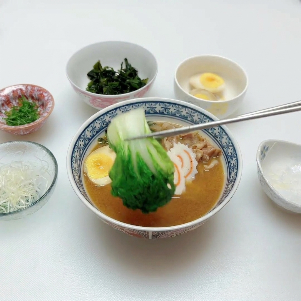 Dłoń używająca srebrnych pałeczek do ułożenia porcji blanszowanego pak choi w misce ramen z mięsem i jajkami.