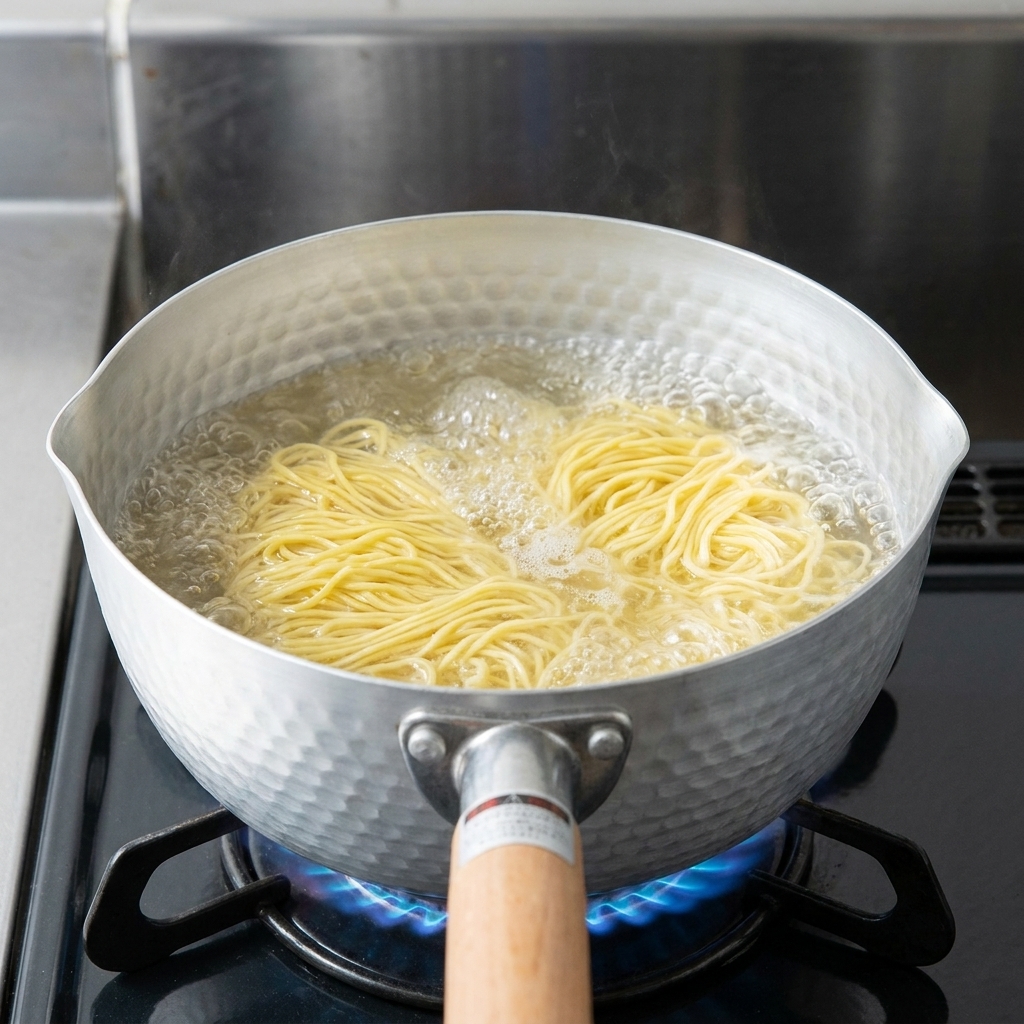 Porcja cienkiego żółtego makaronu ramen gotująca się w garnku z mocno wrzącą, bąbelkującą wodą.