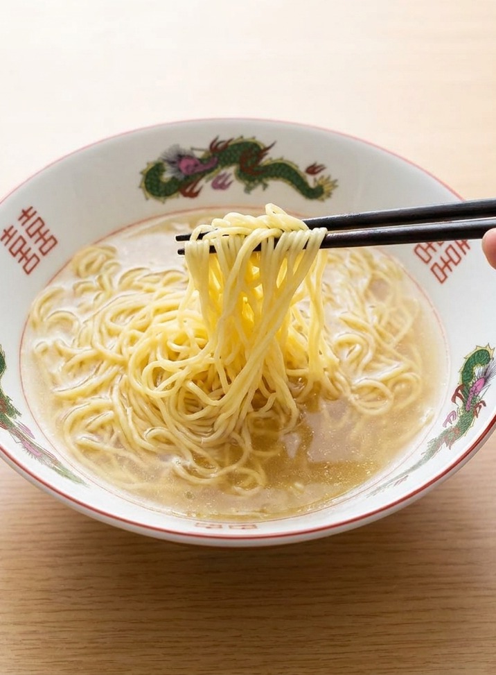 Zbliżenie na makaron ramen starannie układany pałeczkami w misce wypełnionej gorącym, złocistym bulionem.