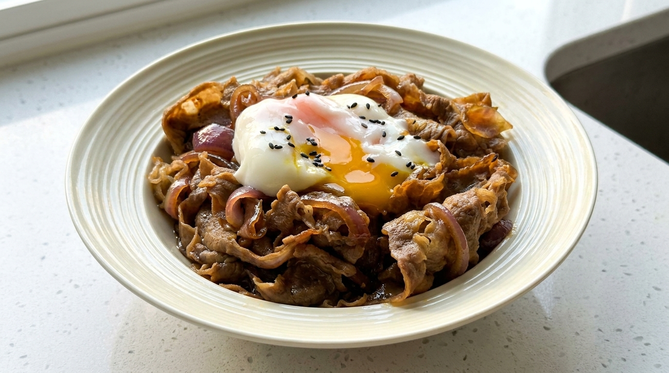 Gyudon – japońska miska z wołowiną i aksamitnym jajkiem onsen