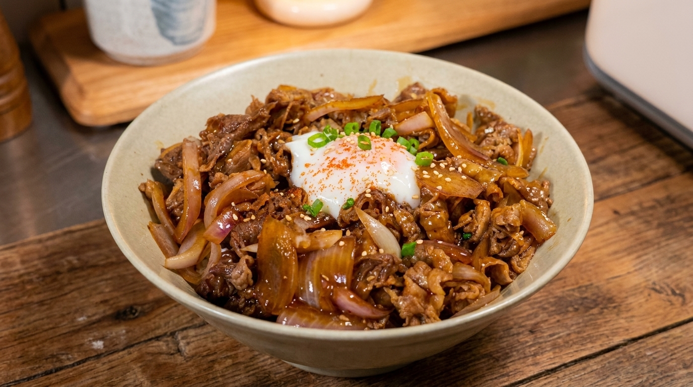 Japoński Gyudon (Wołowina Teriyaki) z jajkiem Onsen