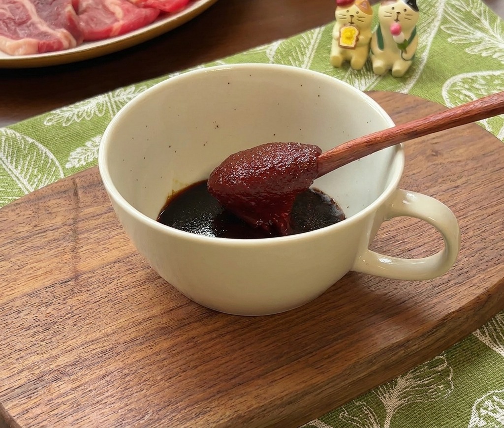 Drewniana łyżka z dużą porcją gęstej czerwonej pasty chili nad miską ze składnikami sosu.