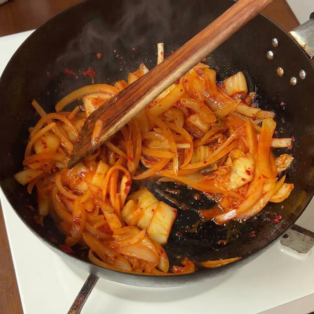 Drewniana łyżka mieszająca cebulę i czerwone kimchi na gorącej patelni.