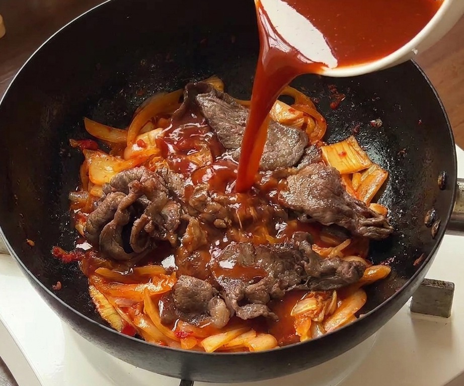 Osoba wlewająca intensywnie czerwony sos chili z białej miski do woka z wołowiną i kimchi.