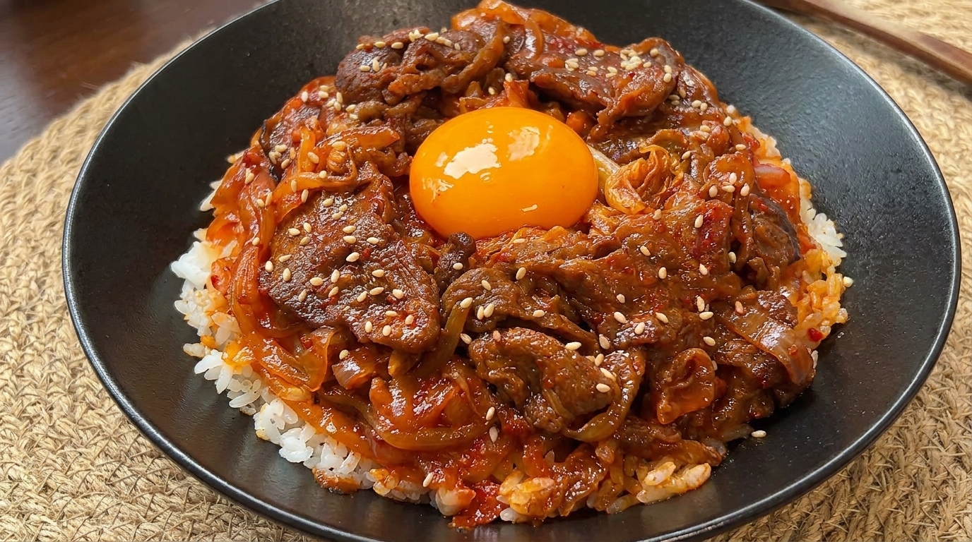 Koreańska miska ryżu z wołowiną, kimchi i surowym żółtkiem