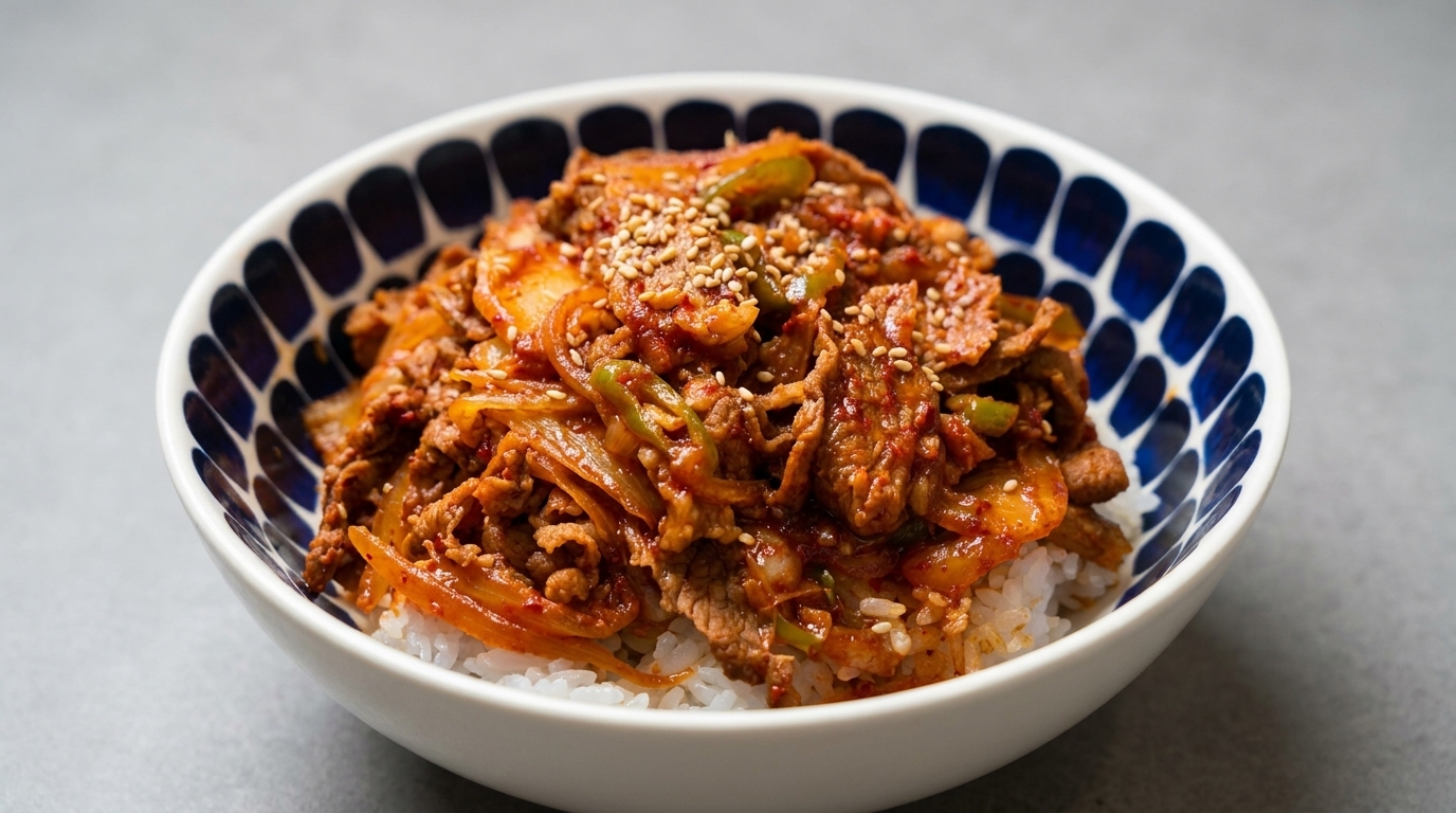 Pyszna wołowina z kimchi i ryżem (Kimchi Beef Donburi)