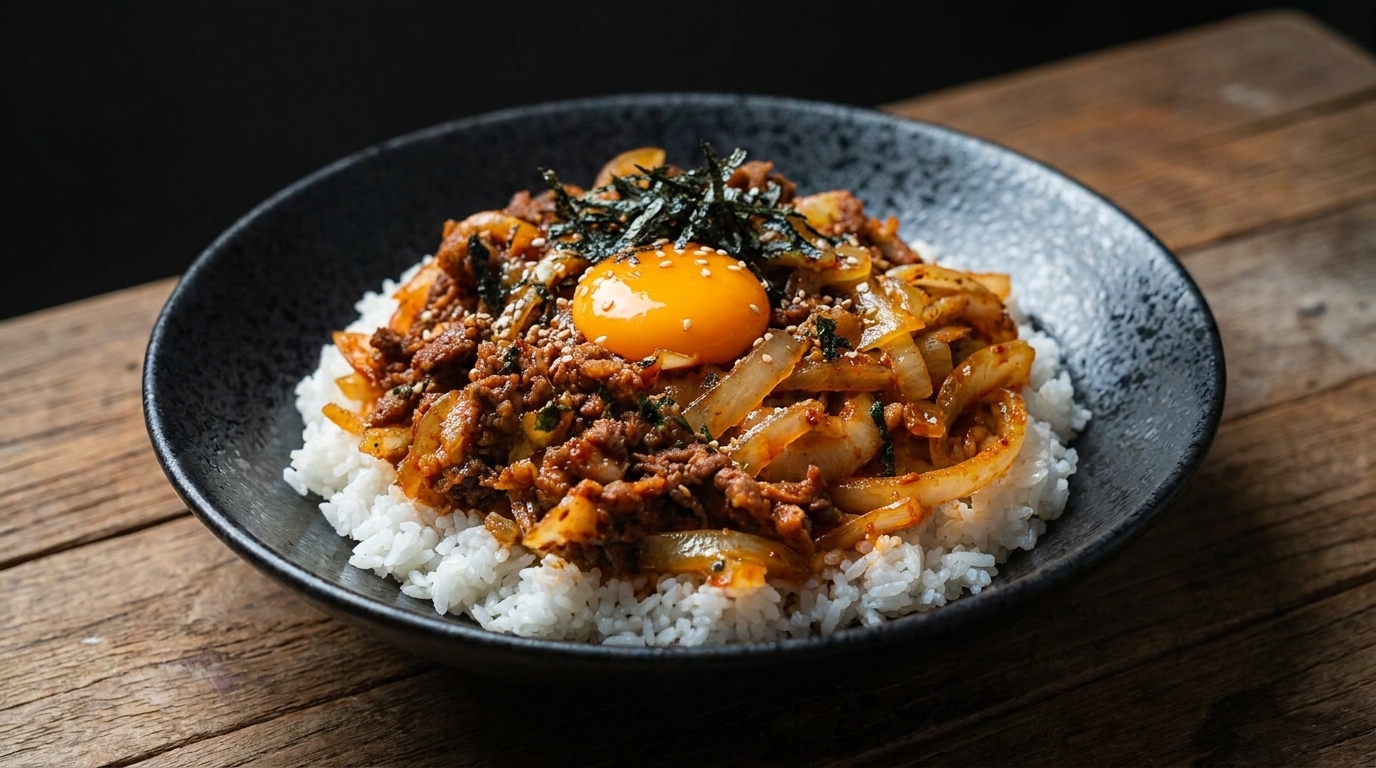 Koreański Beef Kimchi Deopbap (Miseczka ryżu z wołowiną i kimchi)