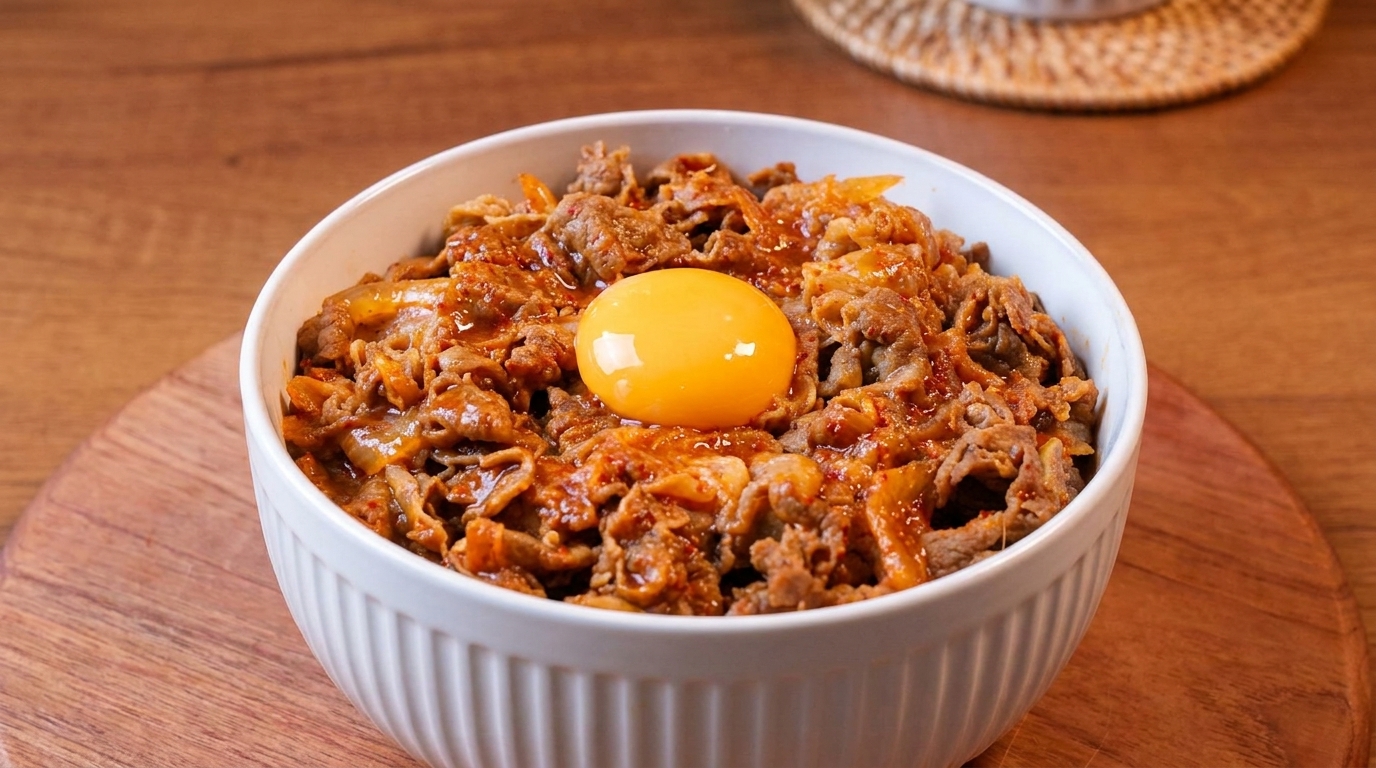 Łatwe Kimchi Gyudon: Miska ryżu z tłustą wołowiną i kimchi