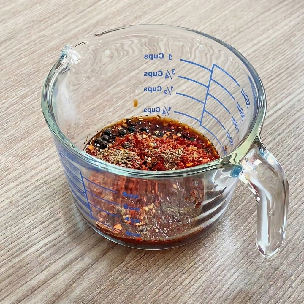 Szklany dzbanek z miarką zawierający płatki chili, czarny pieprz, sos sojowy i porcję koreańskiej pasty paprykowej.