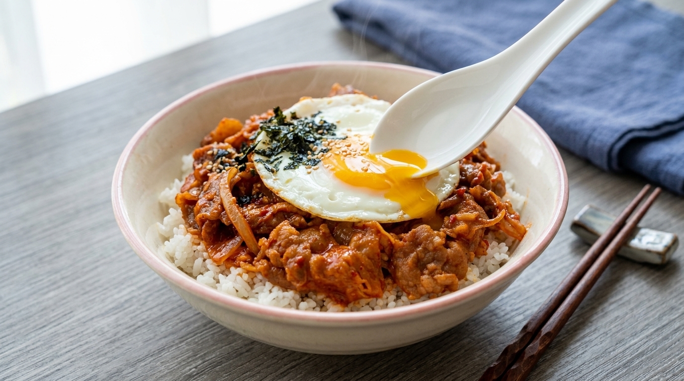 Dziesięciominutowy ryż z wołowiną i kimchi
