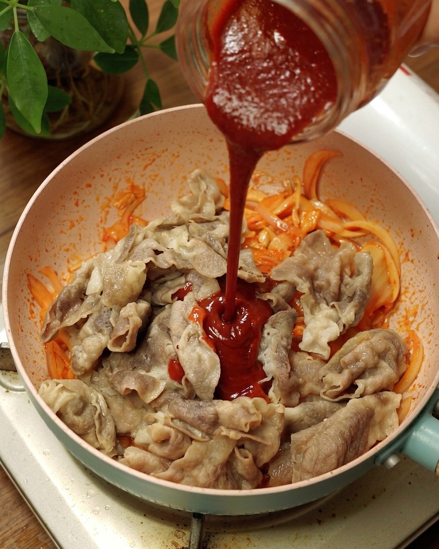 Gęsta, czerwona koreańska pasta chili wlewana na podsmażoną wołowinę, cebulę i kimchi na patelni.