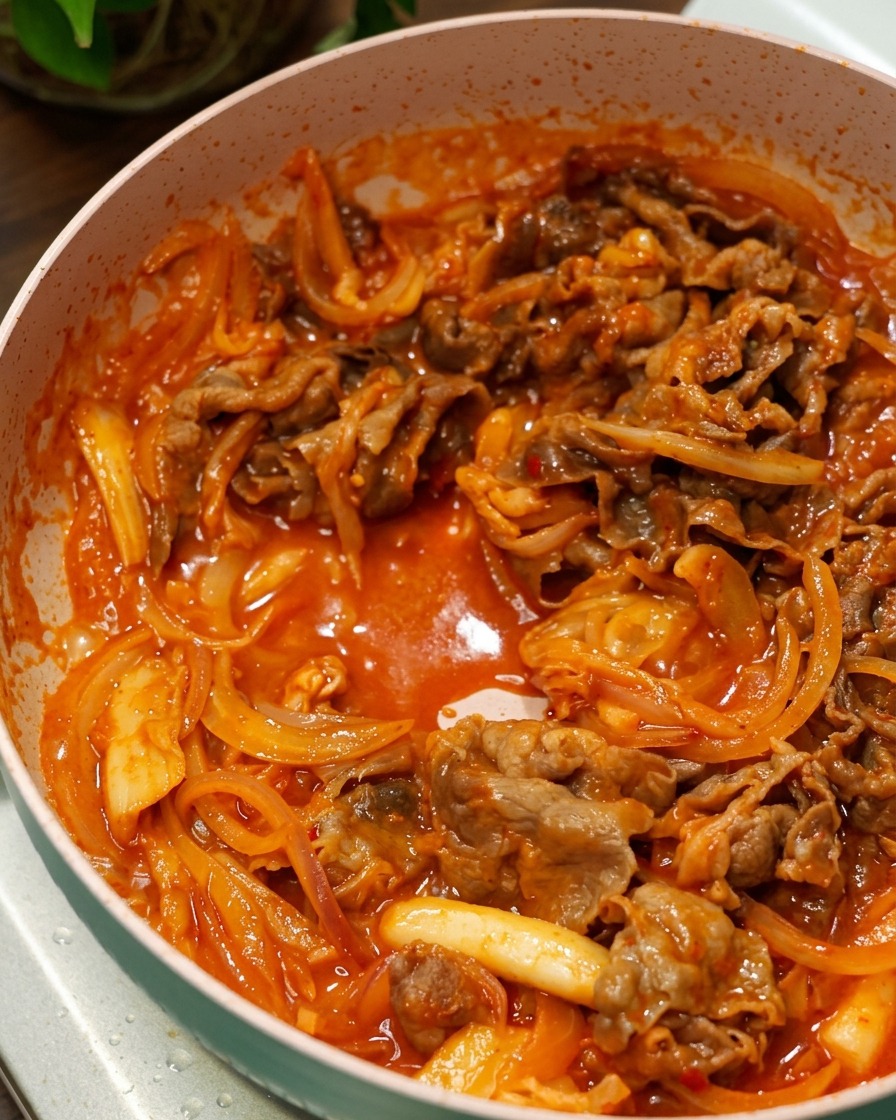 Wołowina i cebula smażone w bulgoczącym, czerwonym koreańskim sosie chili na różowej patelni.