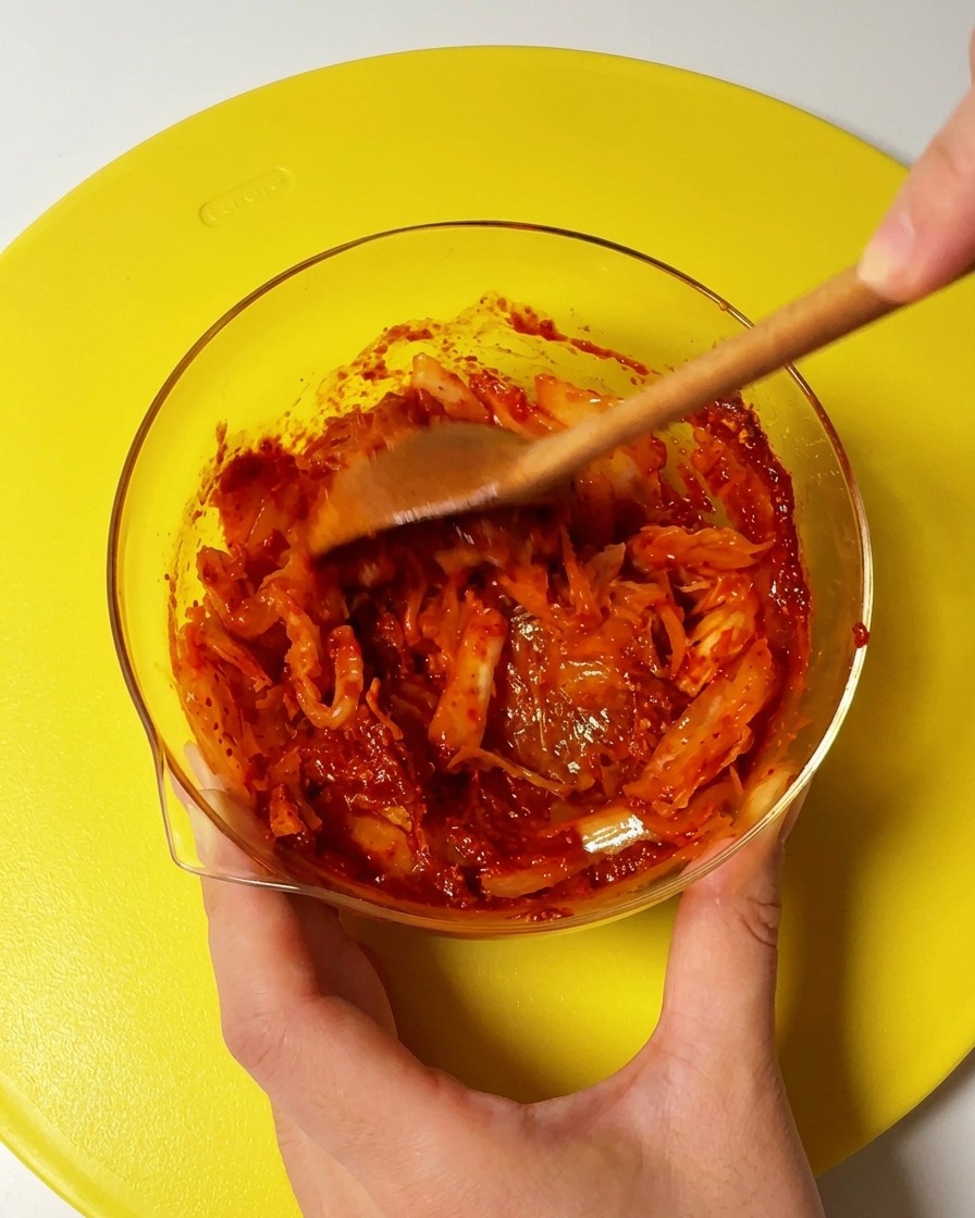 Drewniana łyżka mieszająca posiekane kimchi i czerwoną pastę chili w przezroczystej szklanej misce.