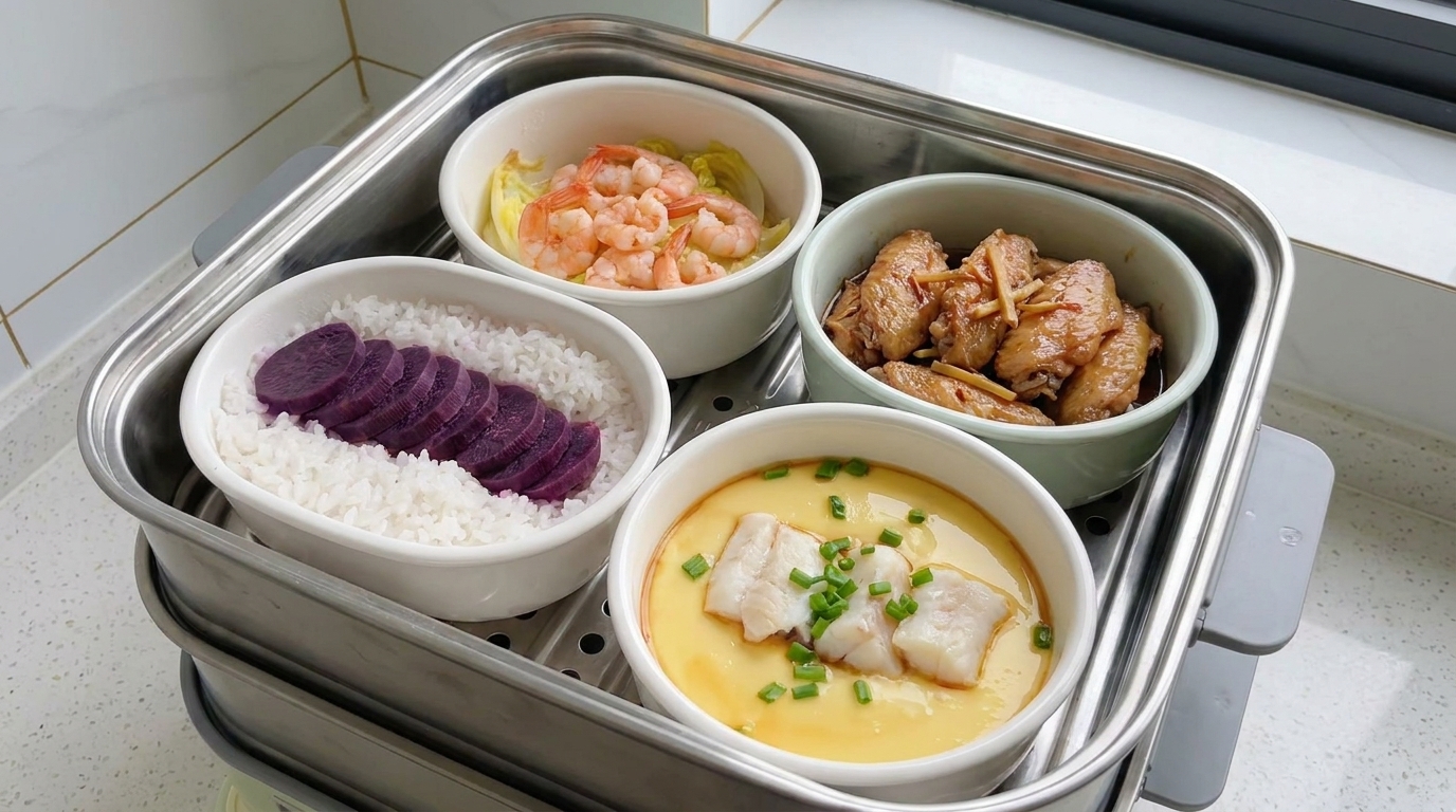 Obiad z jednego garnka na parze: Skrzydełka teriyaki, krem jajeczny z dorszem i ryż z batatem