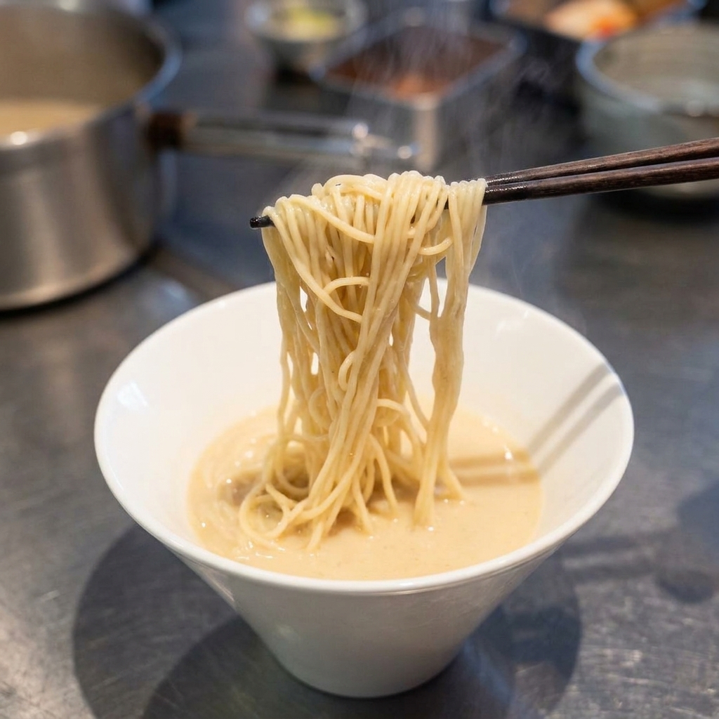 Porcja makaronu ramen przekładana pałeczkami do białej miski z kremowym wywarem.