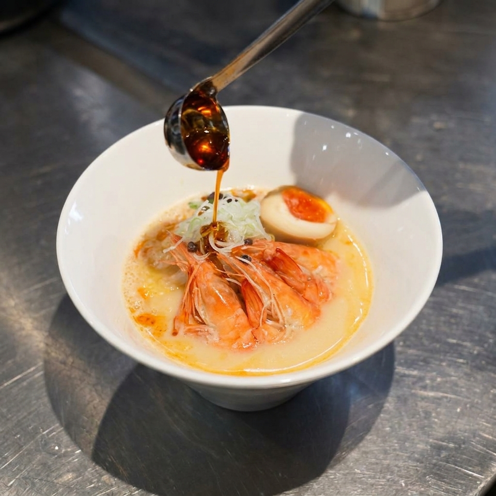 Mała chochla polewająca gotowy ramen jaskrawoczerwonym, aromatycznym olejem.