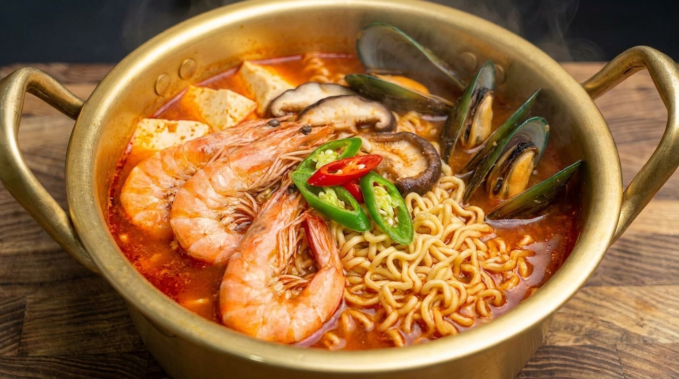 Pikantny koreański ramen z owocami morza (w stylu Jjamppong)