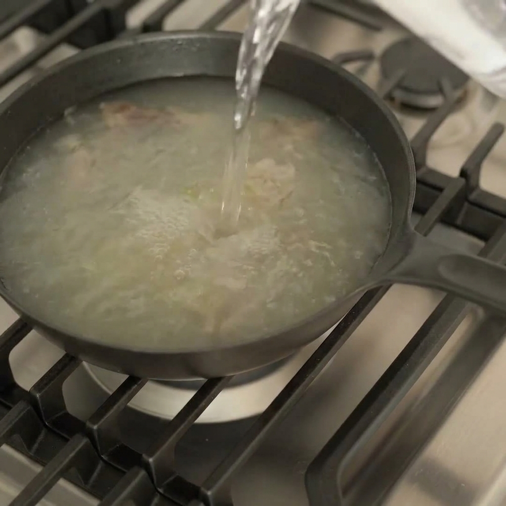 Strumień czystej wody wlewany na czarną patelnię z aromatycznymi sokami z pieczenia.
