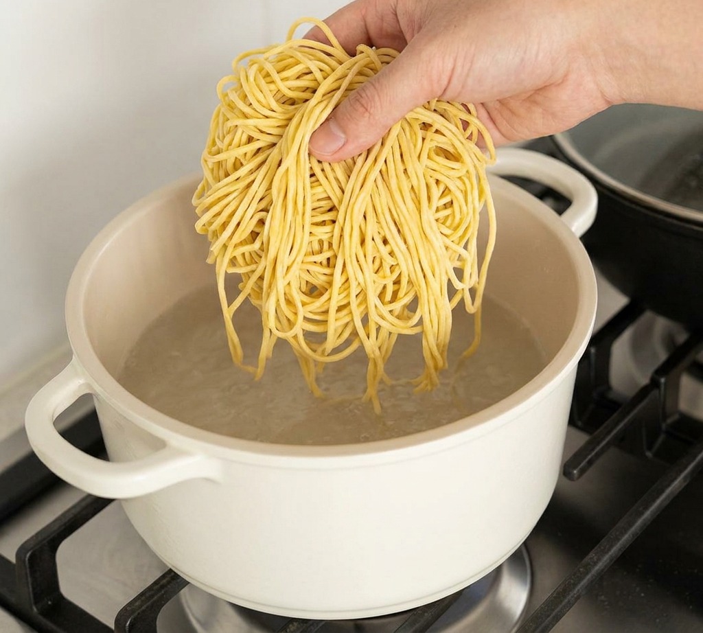 Dłoń wrzucająca świeży zwitek żółtego makaronu ramen do białego garnka z wrzącą wodą.
