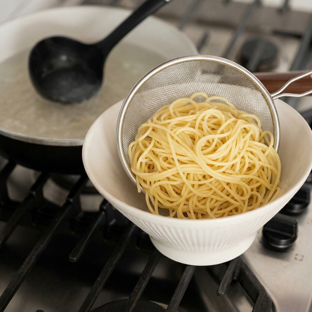 Żółty makaron ramen odcedzany na sitku i przekładany do białej ceramicznej miski.