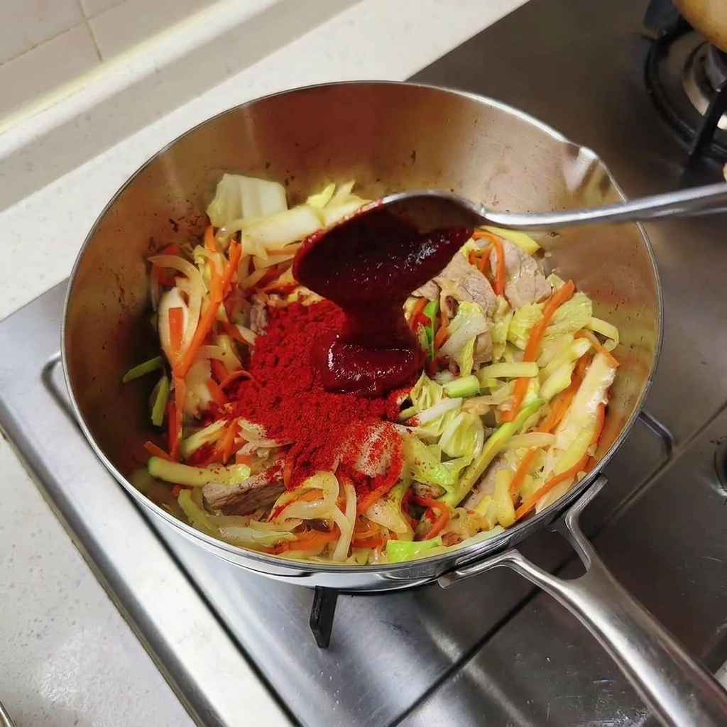 Łyżka gęstej pasty Gochujang dodawana do podsmażanych warzyw z papryką.