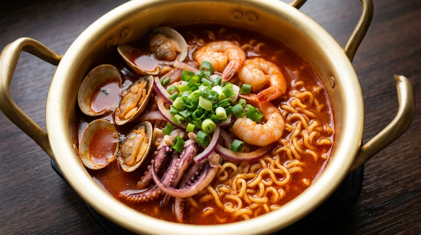 Pikantny Shin Ramyun z owocami morza, świeżymi małżami i krewetkami