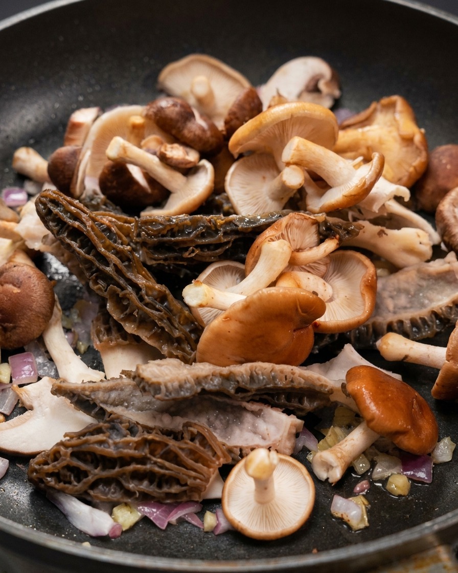 Różne rodzaje grzybów, w tym smardze i shiitake, podsmażane z cebulą na patelni.