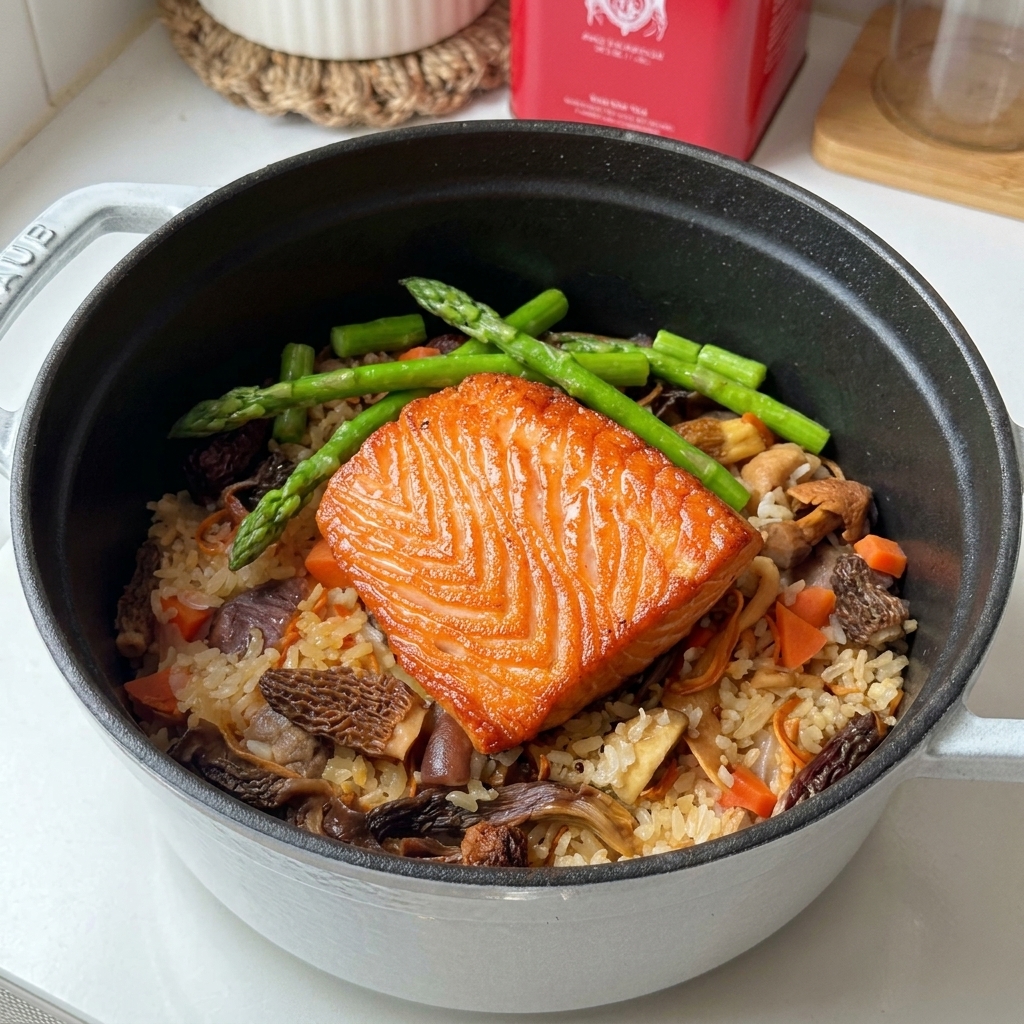 Podsmażony filet z łososia na ugotowanym ryżu z grzybami w czarnym garnku.