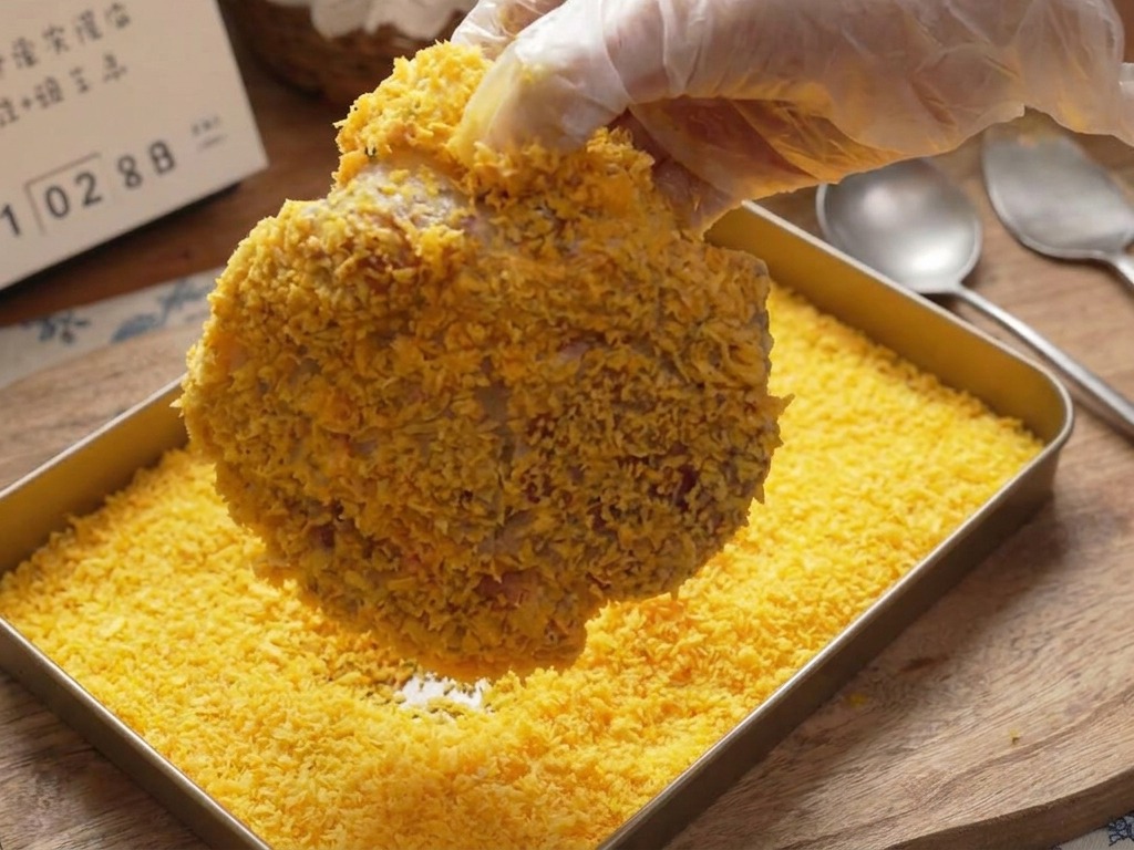 Kotlet wieprzowy mocno dociskany do tacy z radosną, złotą panierką panko w celu stworzenia grubego spodu.