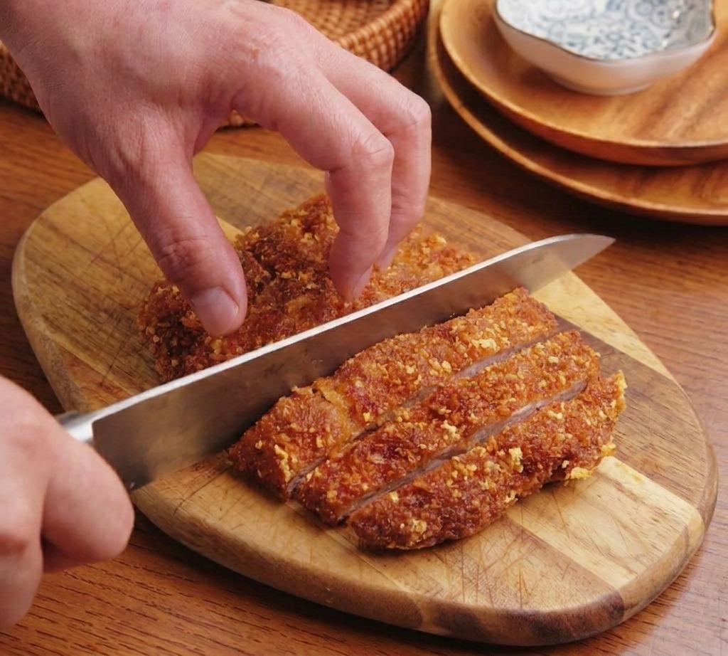 Dłonie krojące dużym nożem chrupiący, złocisty kotlet tonkatsu na paski na drewnianej desce.