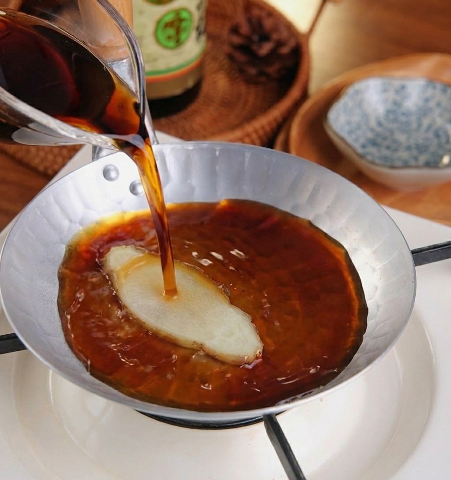 Ciemny, aromatyczny sos wlewany z dzbanka na małą patelnię z plastrem świeżego imbiru.