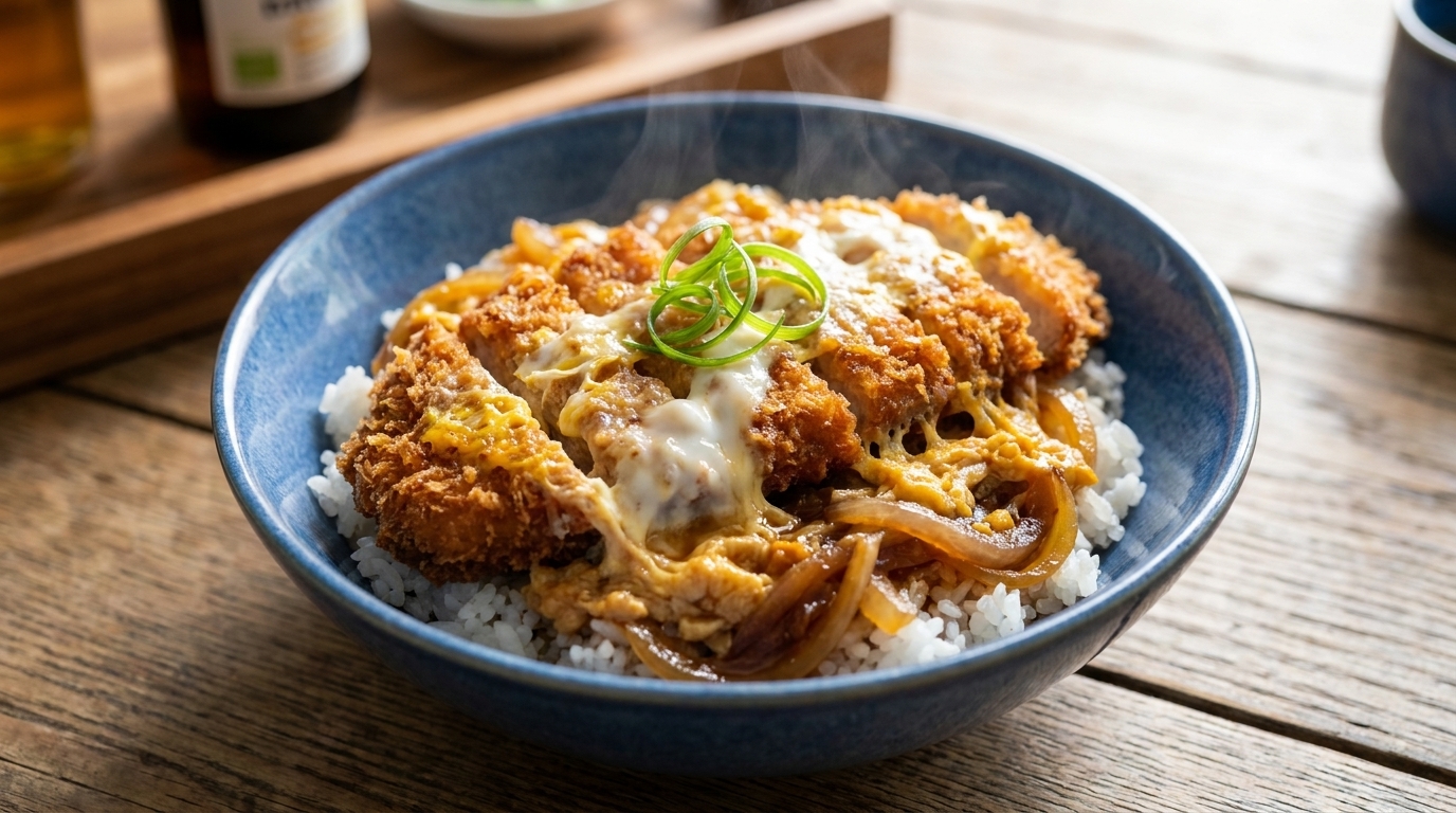 Autentyczny japoński katsudon (miska ryżu z chrupiącym kotletem wieprzowym)
