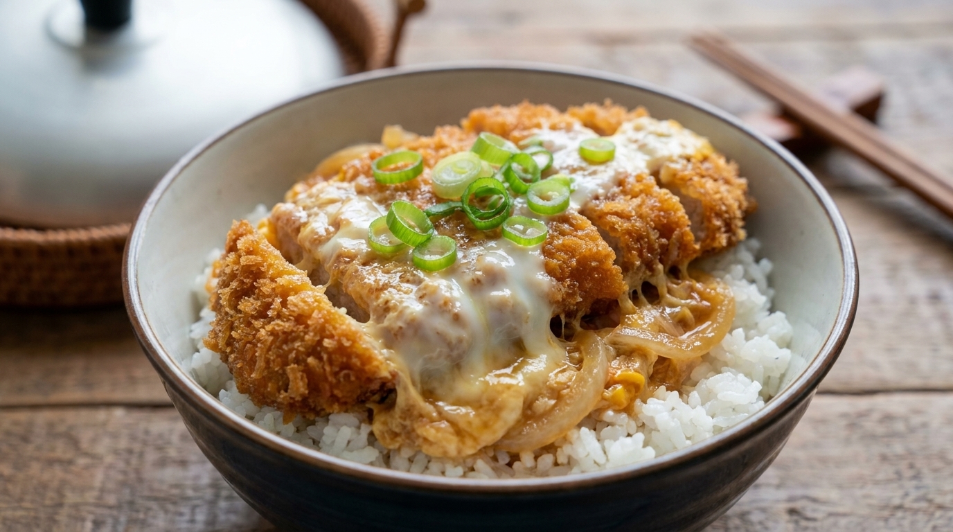 Autentyczny japoński Katsudon (Miska ryżu z chrupiącym kotletem i jedwabistym jajkiem)