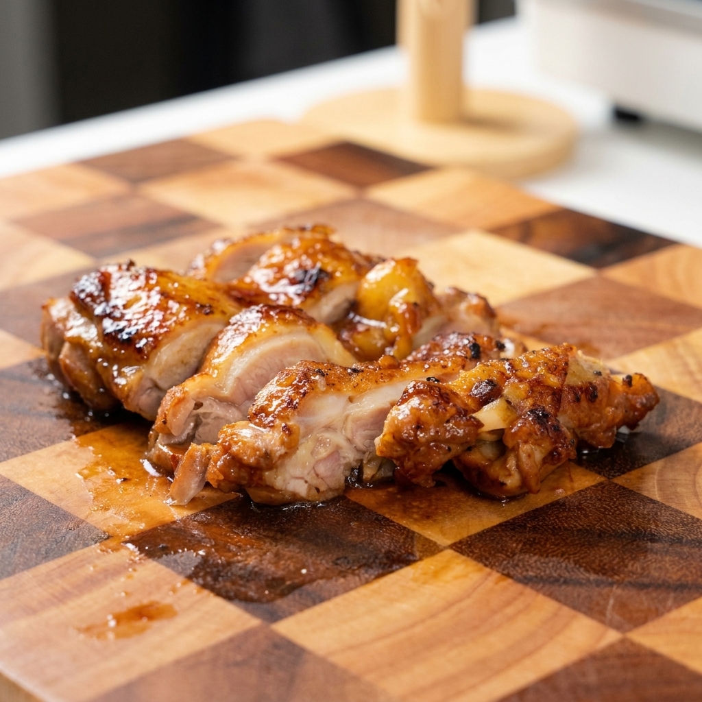 Usmażony kurczak teriyaki pokrojony w równe plastry na drewnianej desce w kratkę.