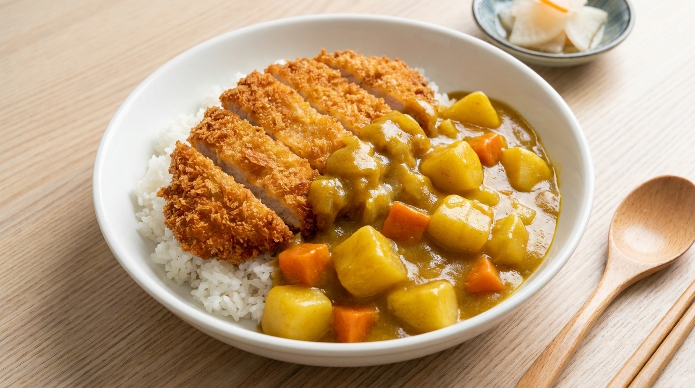 Chrupiący japoński kurczak katsu z sosem curry i ryżem