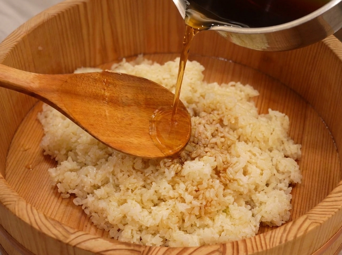 Bursztynowy ocet do sushi wylewany ze stalowego garnka na kopiec gorącego białego ryżu w drewnianej misie, prowadzony drewnianą łyżką.